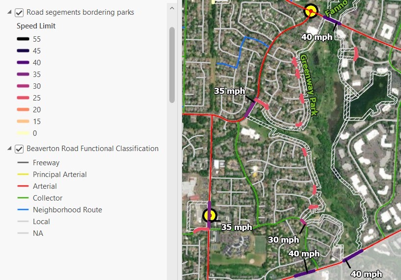 GIS image of Beaverton speed limits and roads