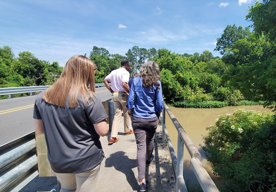 Group of people crossing a bridge next to a two-lane road, looking down at brown water. Lush bushes and trees are on the banks of the river.