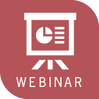 white projector logo on red background with white text reading webinar