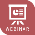 white projector logo on red background with white text reading webinar