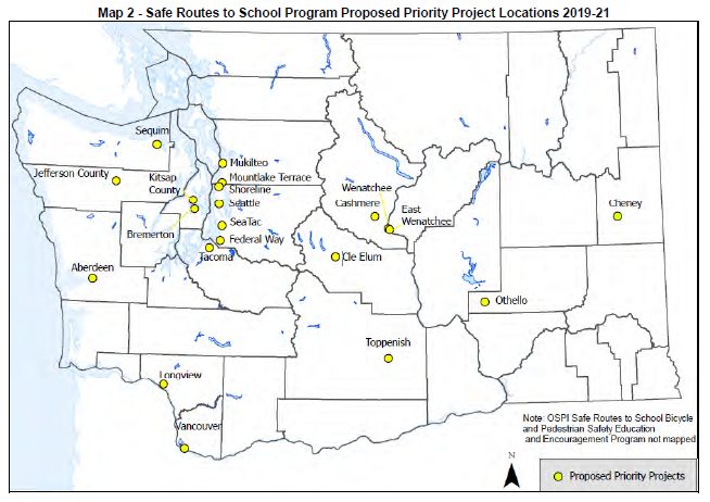 Map of WSDOT 2019 SRTS Project Locations